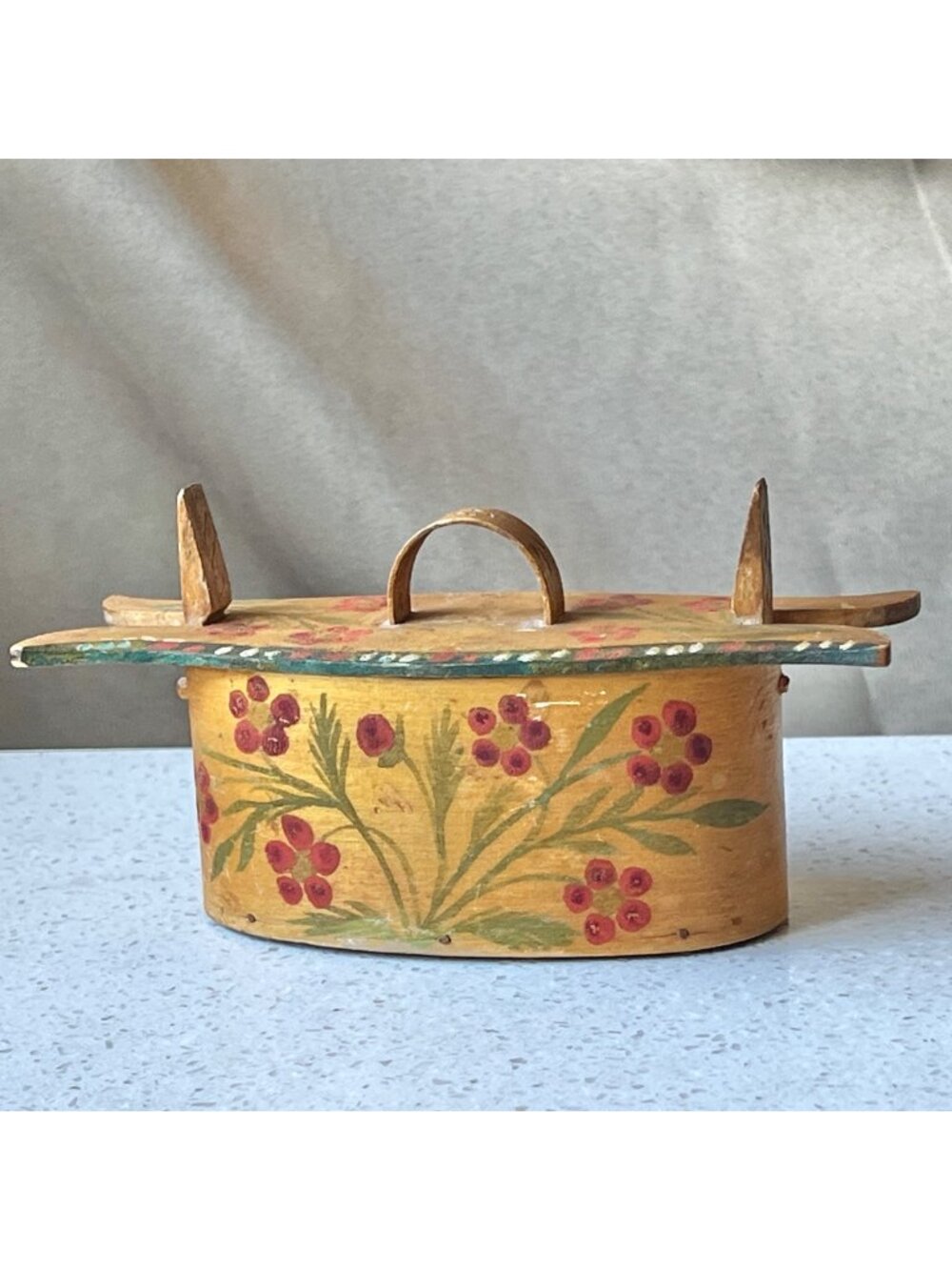 Signed Norwegian Bentwood Tine Wood Box Floral Paint Carved Letters 5.75x2.25x3T